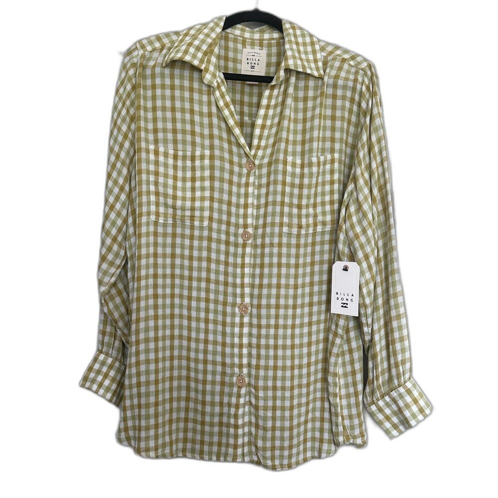 Billabong Green Swell Blouse Checkered Button Down  Top NWT Womens Sz S